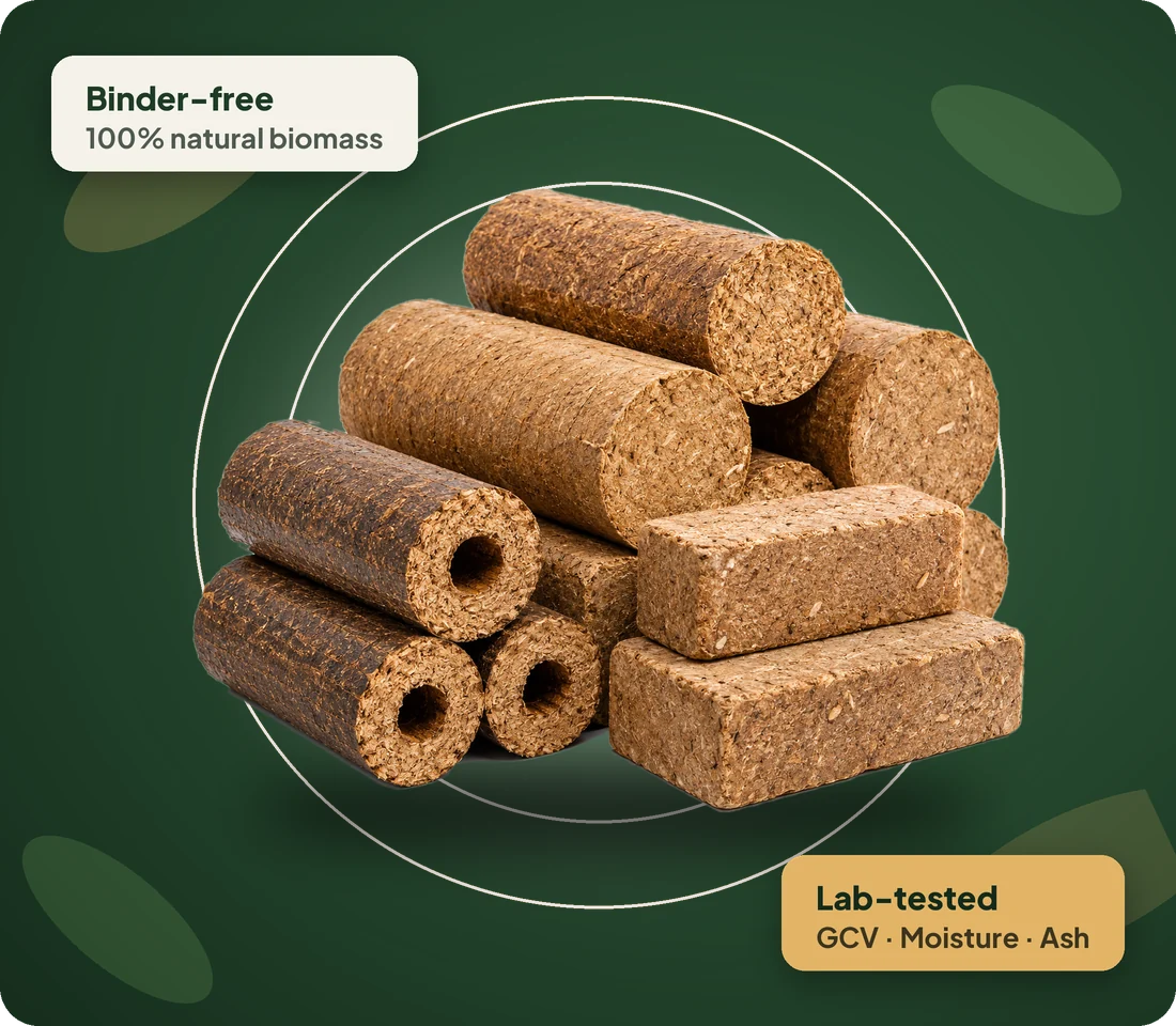 Biomass briquettes – binder-free and lab-tested, from Shreeji Global Enterprise